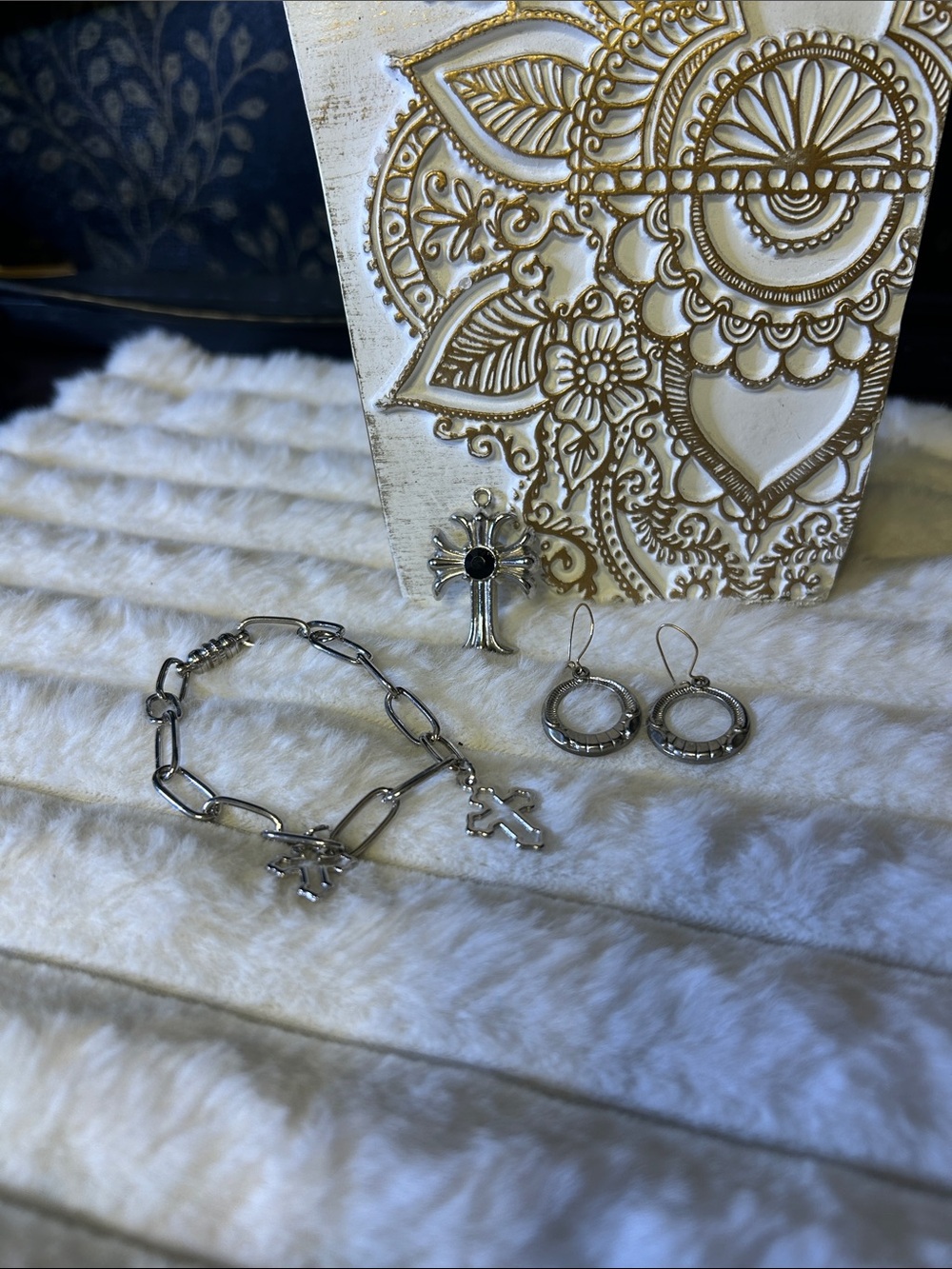 3 pc  Silver Cross Charm, Cross Charm Bracelet with Hoop Earrings